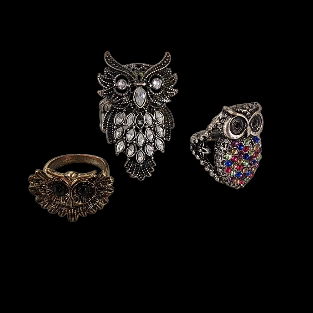 Bundle of 3 Owl Rings Antique Silver And Brass Tone With Rhinestones - Picture 2 of 15